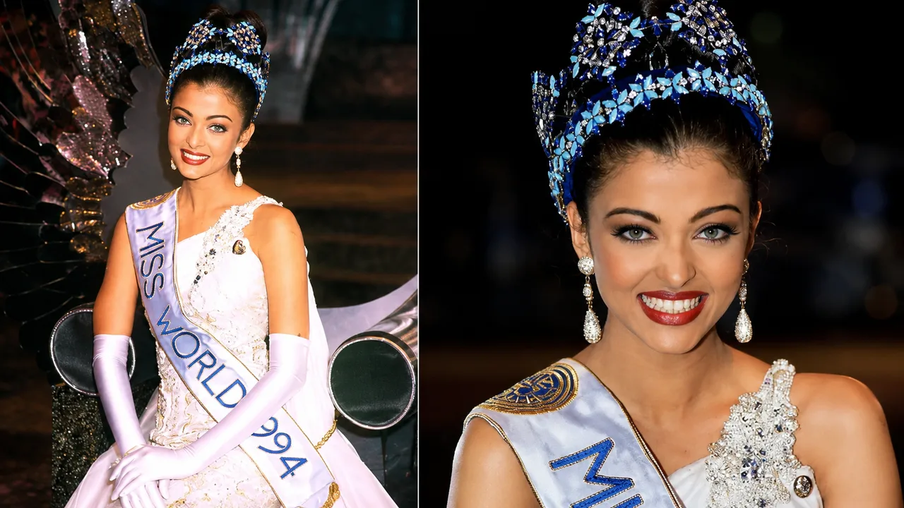 Aishwarya Rai toj va "Dunyo go'zali 1994" lentalari bilan jilmayib turibdi.