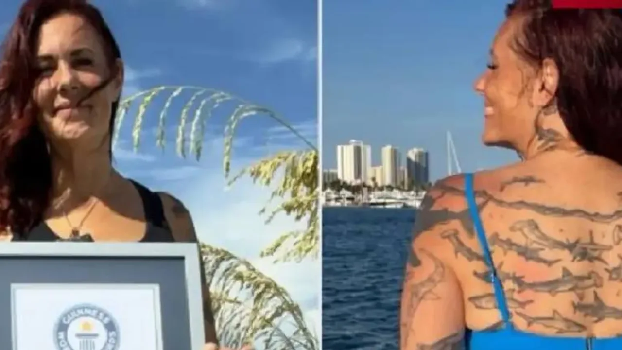 Emily, die als Kind Angst vor Haien hatte, schafft es mit 106 verschiedenen Haifisch-Tattoos ins Guinness-Buch der Rekorde