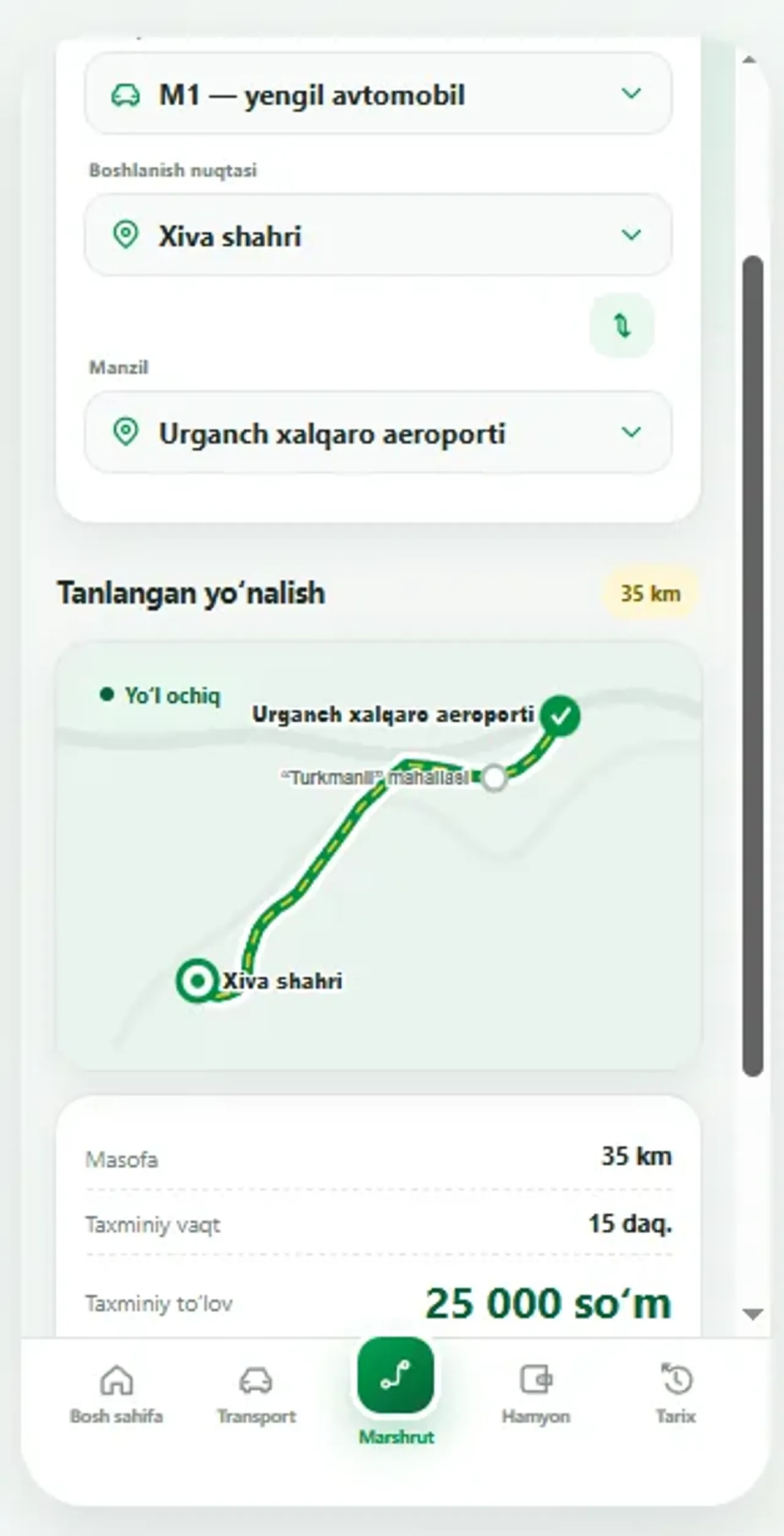 Urganch–Xiva pulli yo‘lida harakatlanish qancha turadi?
