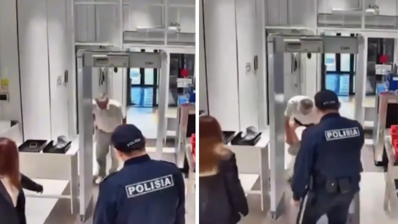 Politsiya xodimi metalldetektordan o‘tayotgan kishini tekshirmoqda.