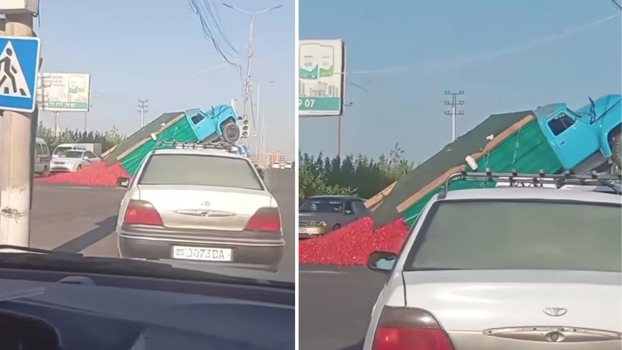 ZIL truck overturns on highway, spilling tomatoes