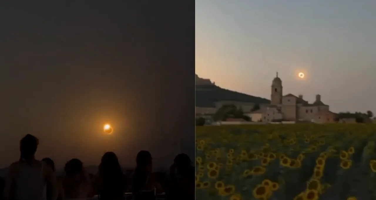 Odamlar va kungaboqar dalasi uzra ko'rinayotgan halqasimon quyosh tutilishi.