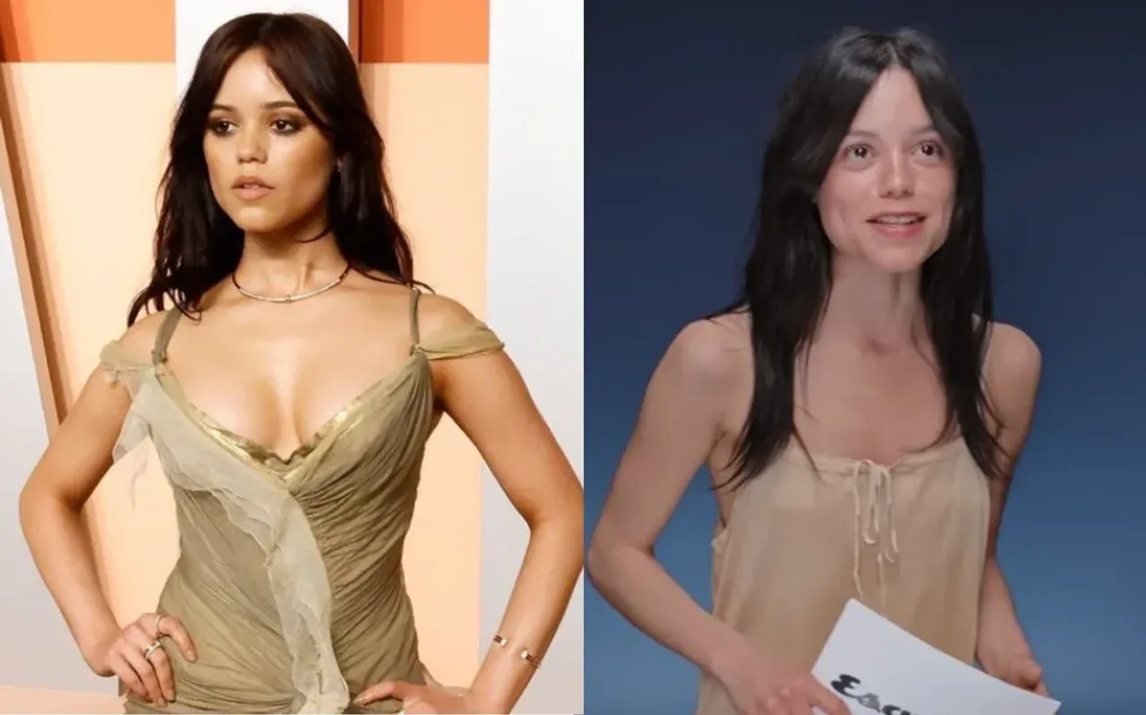 Jenna Ortega shown side by side with and without makeup.