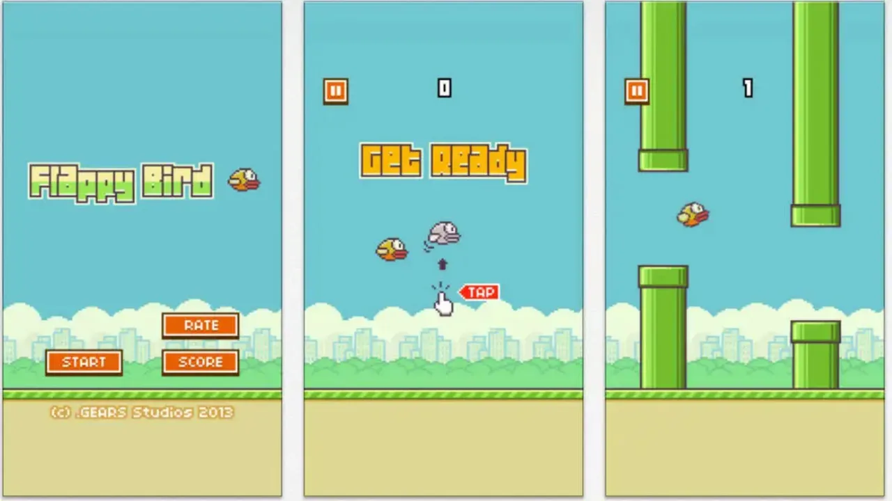 Flappy Bird o‘yinining turli bosqichlari aks etgan uchta skrinshot.