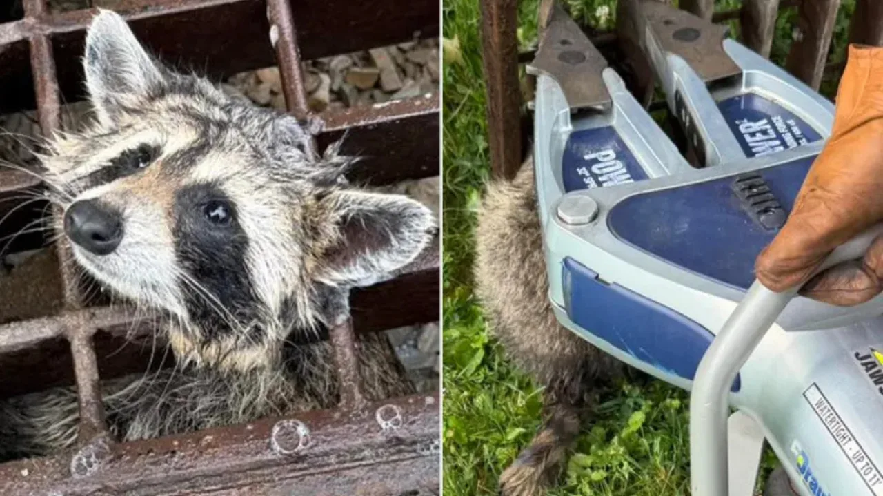 In Kanalgitter eingeklemmter Waschbär in letzter Sekunde gerettet
