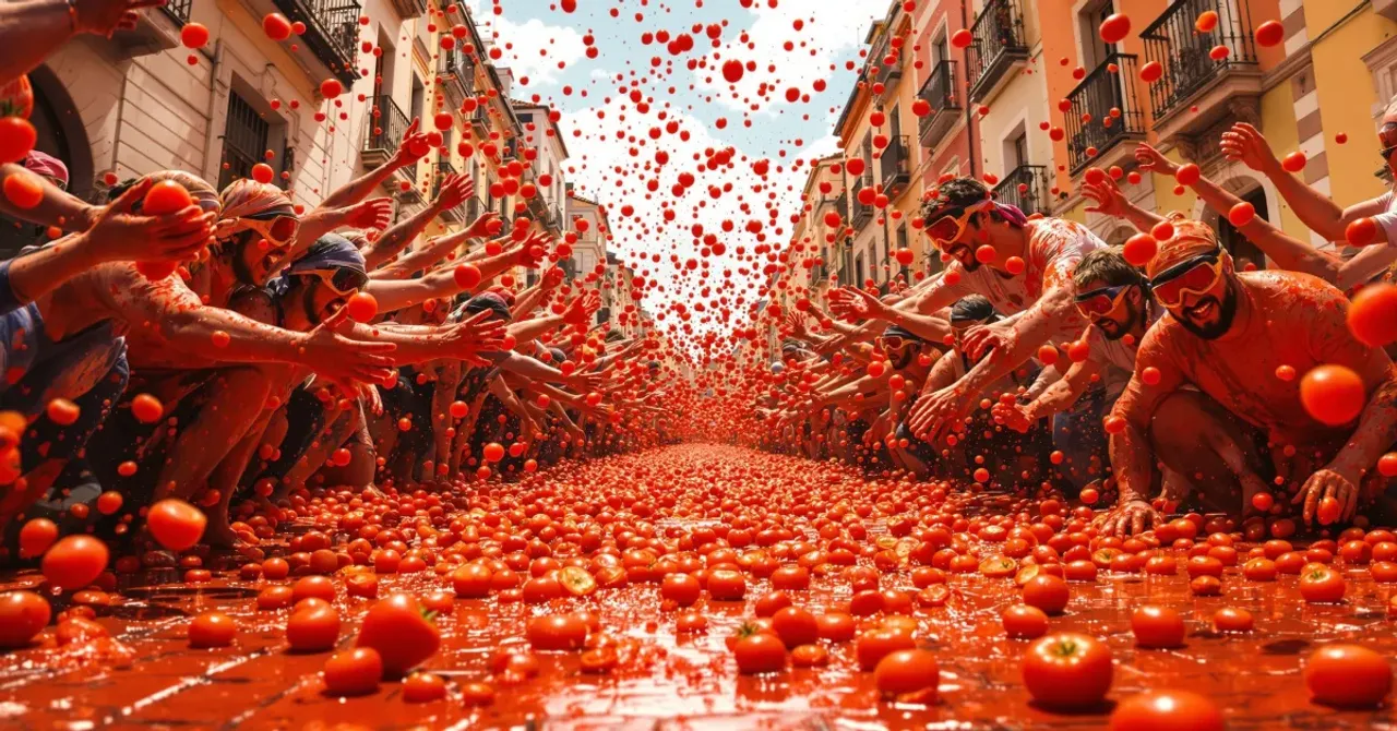 Odamlar ko'chada bir-biriga pomidor otib, La Tomatina festivalini nishonlamoqda.