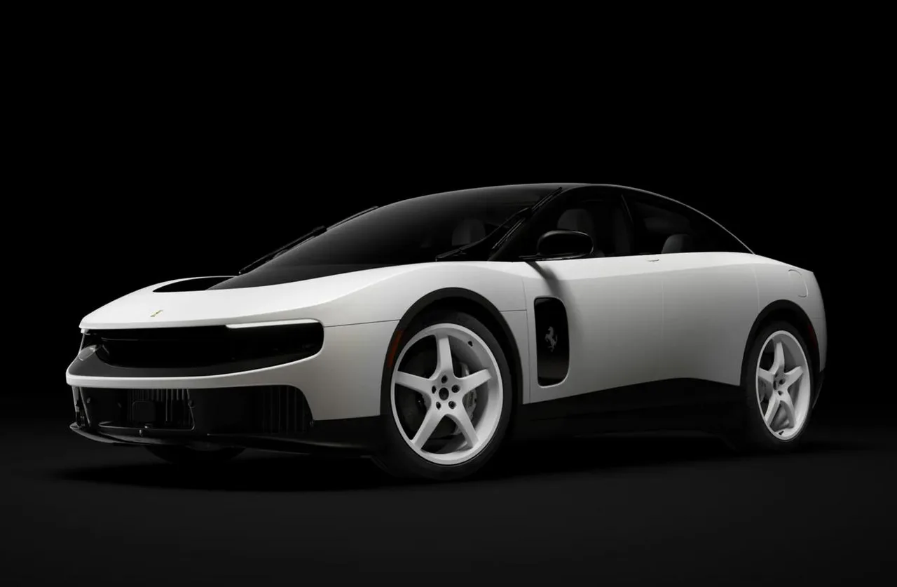 Qora fonda oq rangli Ferrari sport avtomobili turibdi.