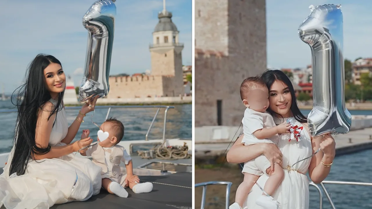 Photos of a woman and a small child aboard a ship with a silver "1" balloon.