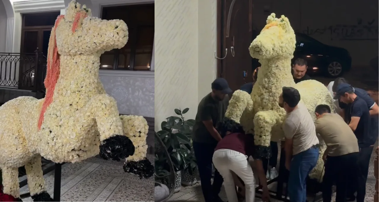 Who was the giant white horse made of roses gifted to? (video)