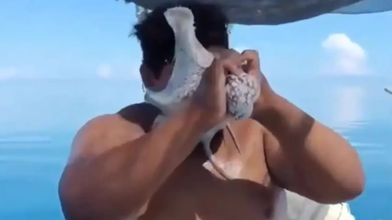 Unexpected attack: an octopus clings to a fisherman's face