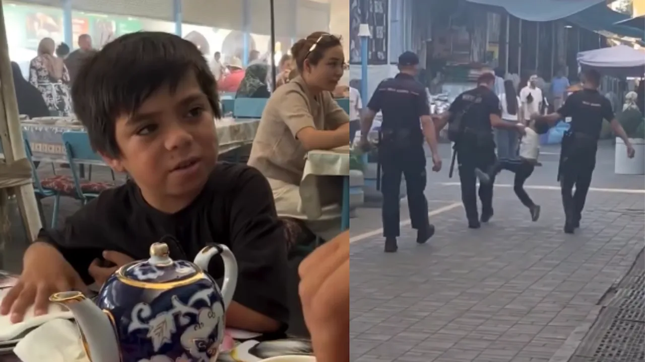 Child singing and begging for money at Chorsu taken away by National Guard officers