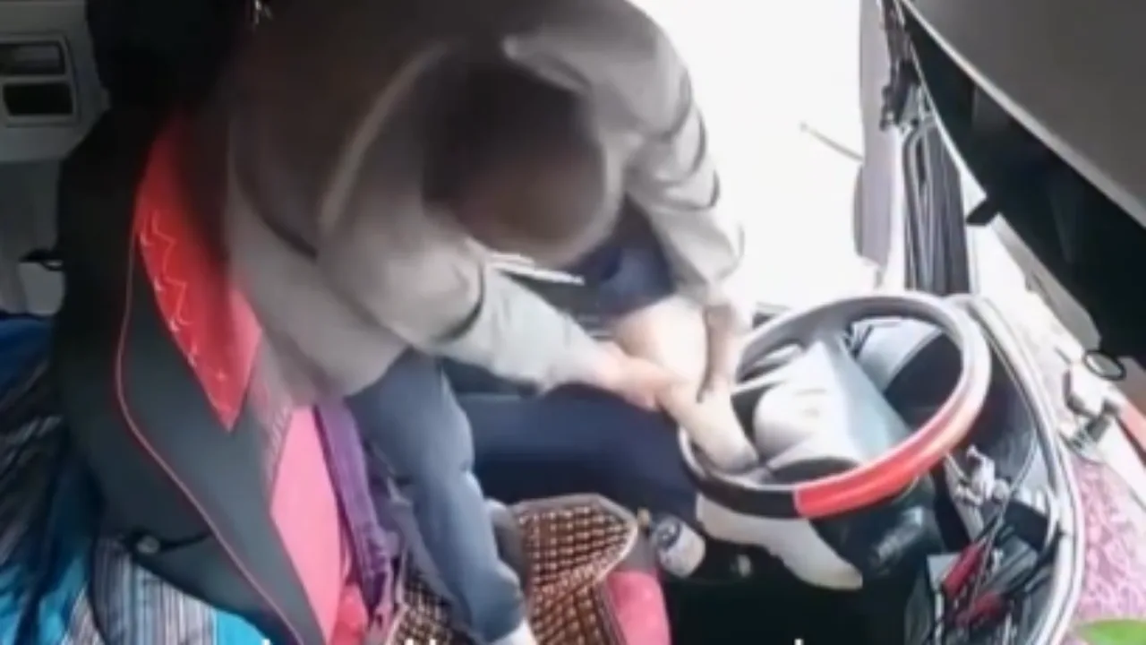 In Poland, a truck driver's leg gets stuck in the steering wheel