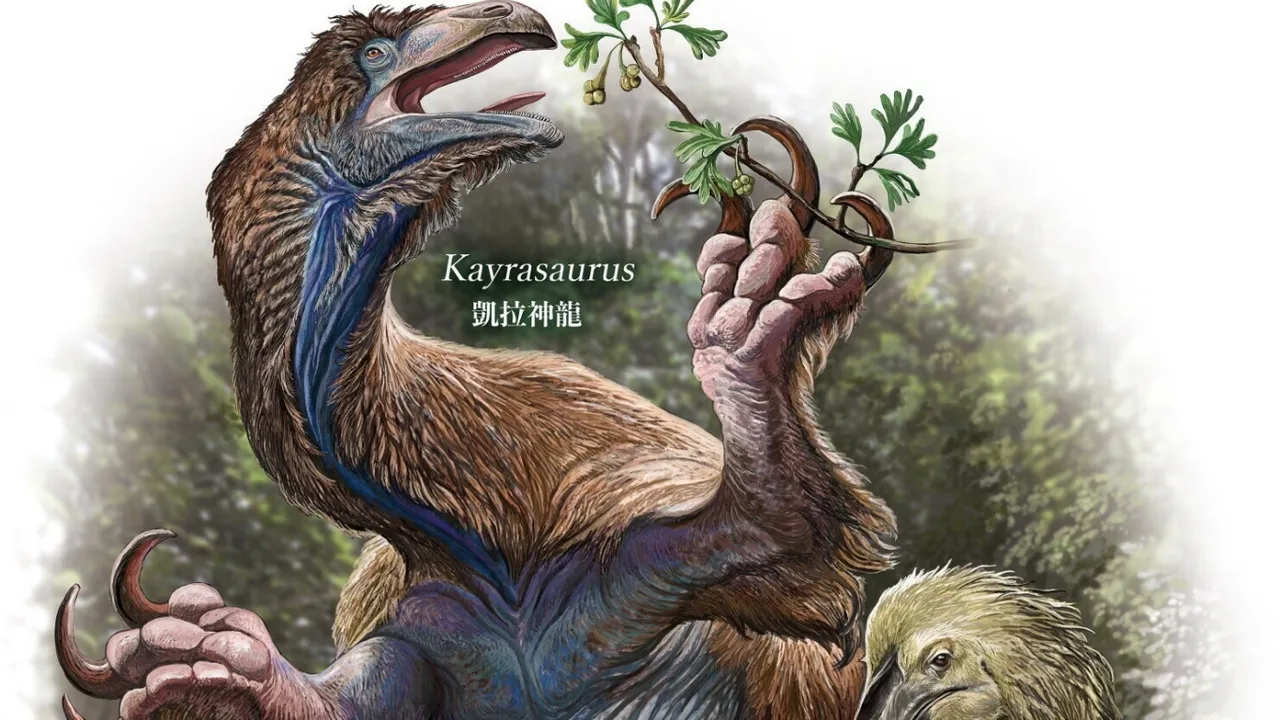 Patli va uzun tirnoqli Kayrasaurus dinozavri o'simlik novdasini ushlab turibdi.
