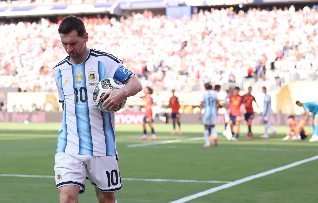 Lionel Messi Argentina terma jamoasi libosida futbol maydonida koptok ushlab turibdi.