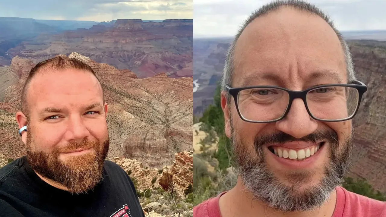 Side-by-side photo of two bearded men taking a selfie against the backdrop of the Grand Canyon landscape.