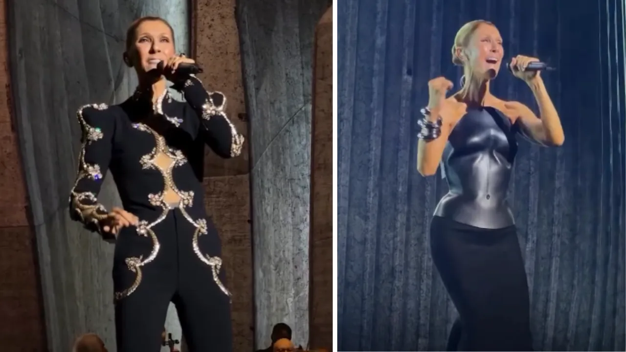 Selin Dion sahnada ikkita turli xil yaltiroq qora libosda qo‘shiq kuylamoqda.