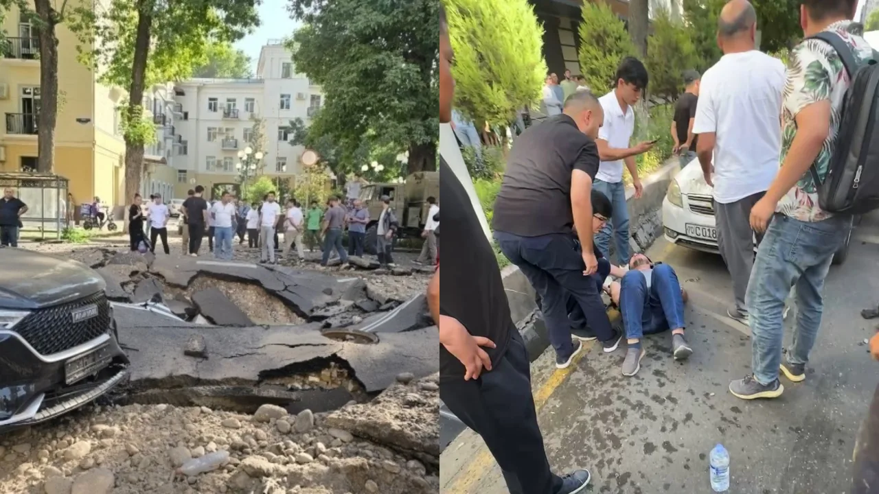 Тошкентда йўл ўртасида труба ёрилиб, асфальт ўпирилиб тушди