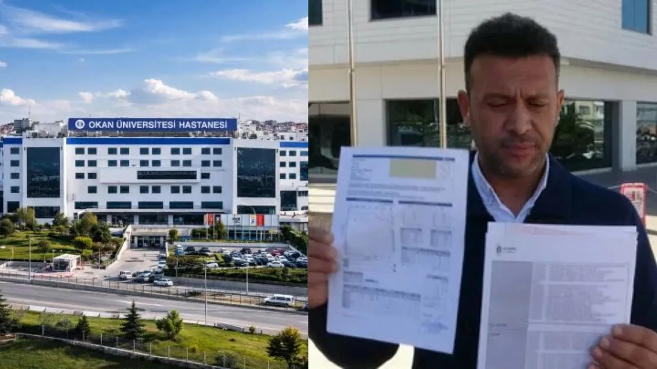 Okan Universiteti shifoxonasi binosi va qo'lida hujjat tutgan erkak tasvirlangan.