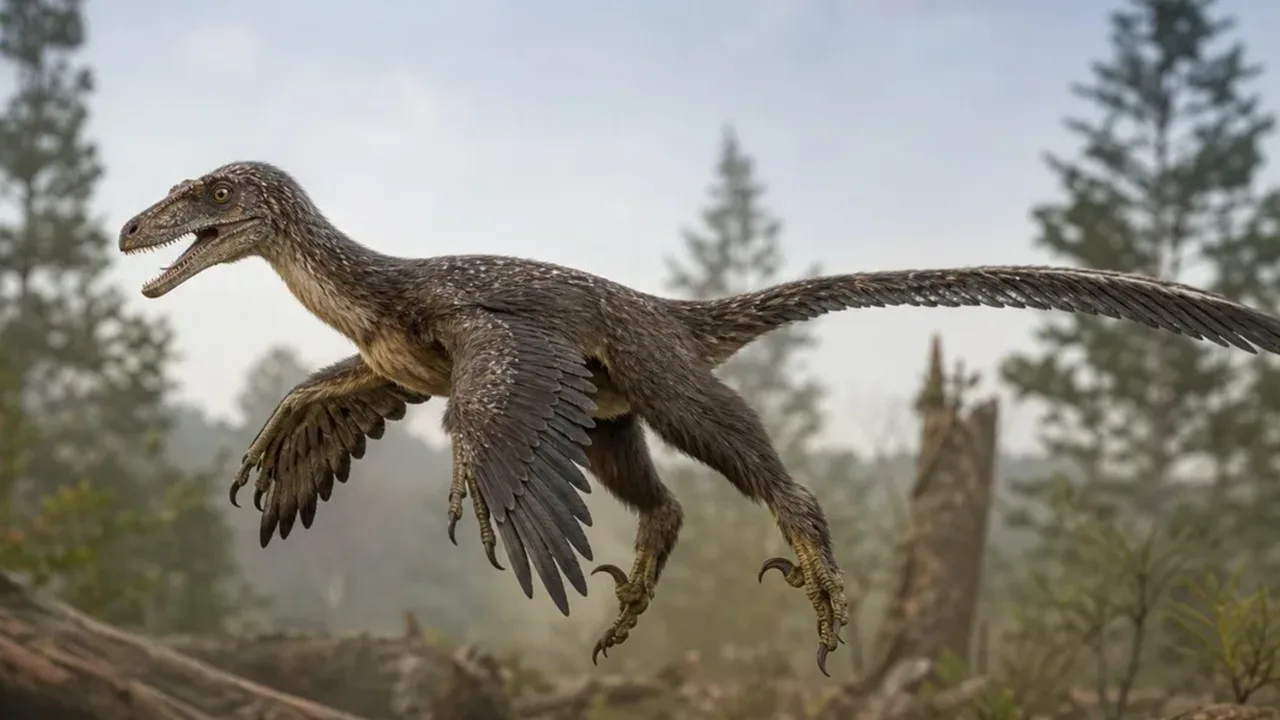 Feathered dinosaur flying through the air among trees.
