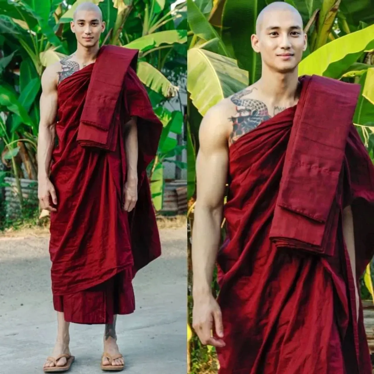 A tattooed guy in a dark red outfit standing near banana leaves.