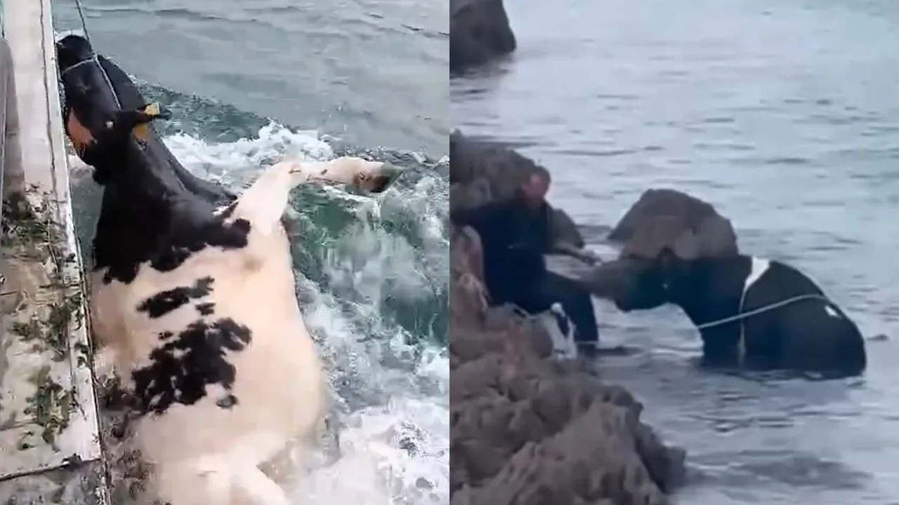 Упавшие со скалы восемь коров спасены из моря