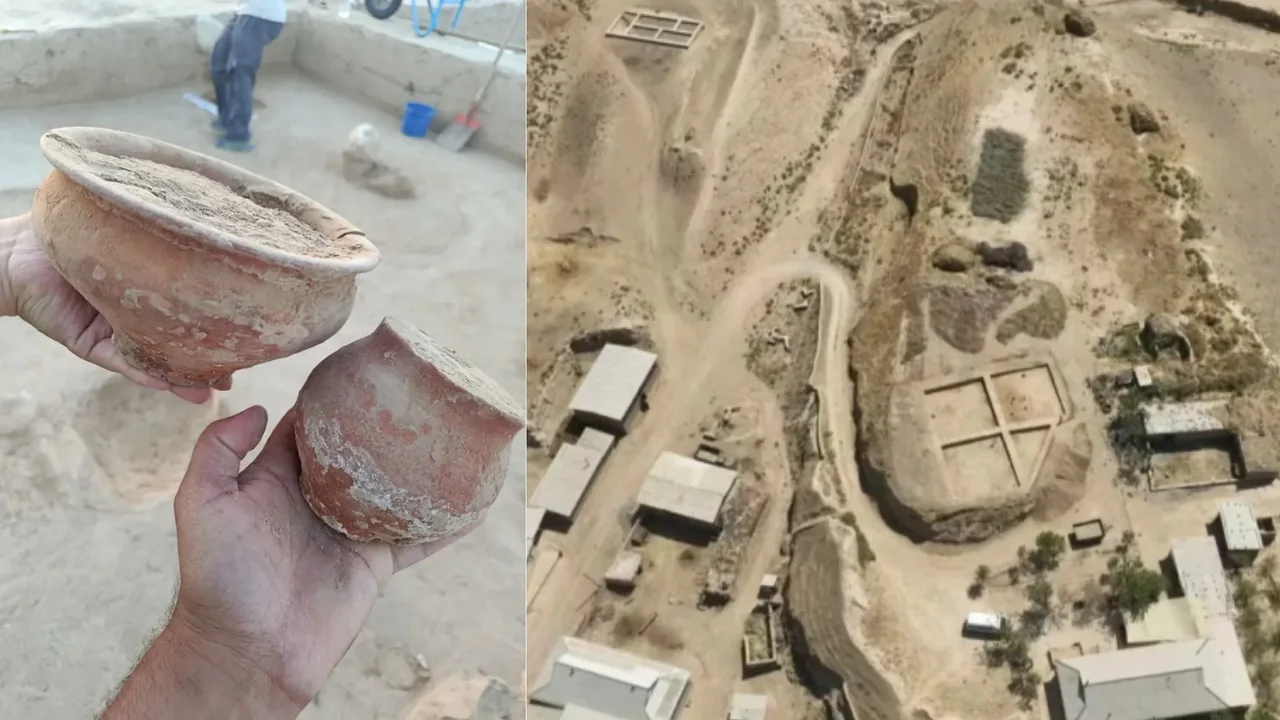 Ancient pottery items and a view of the archaeological excavation site.