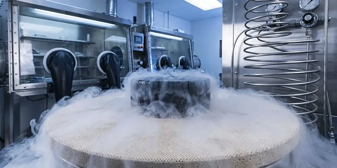 A black object surrounded by liquid nitrogen vapor stands near laboratory equipment.