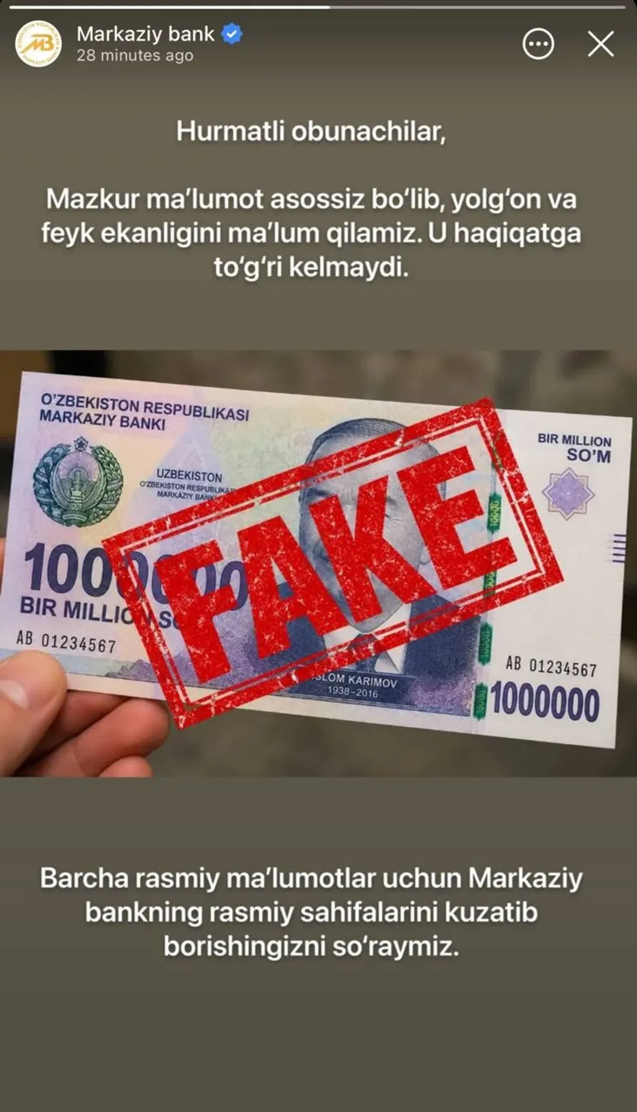 Markaziy bank bir million so‘mlik banknotning yolg‘on ekanligi haqida xabar bermoqda.