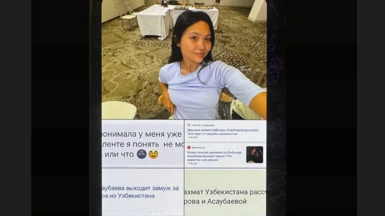 Qora sochli ayol selfi tushgan va uning ostida rus tilidagi matnlar joylashgan.