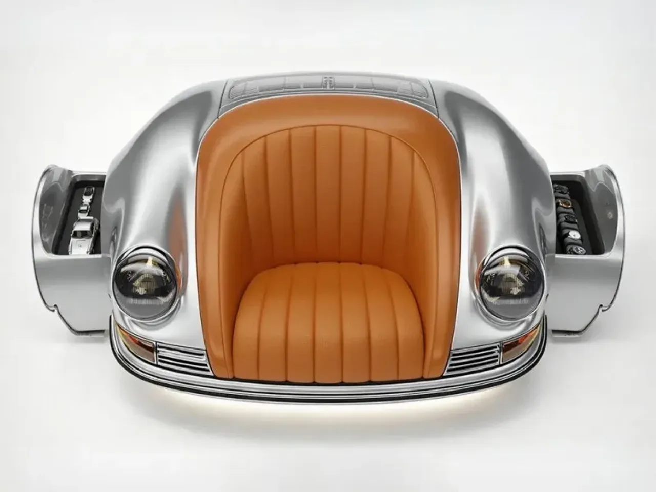 Porsche avtomobili old qismidan ishlangan, jigarrang charm o‘rindiqli kreslo.
