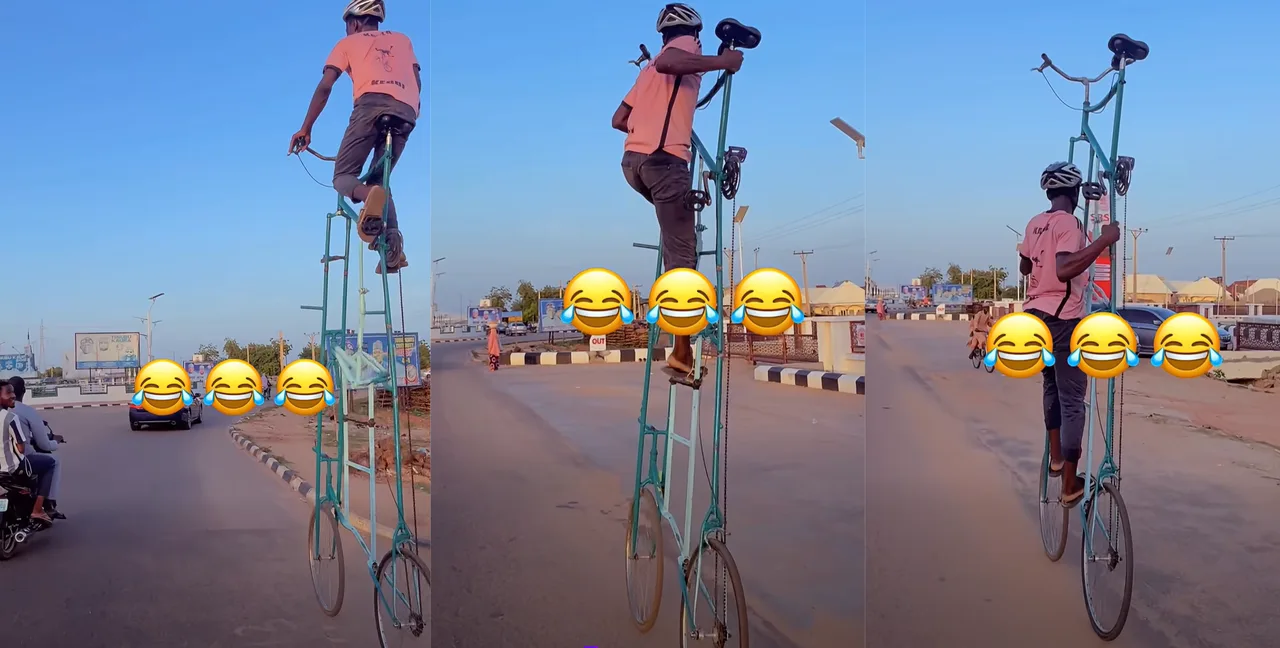 Nigerian guy conquers city streets on a unique 4-meter tall bicycle (video)