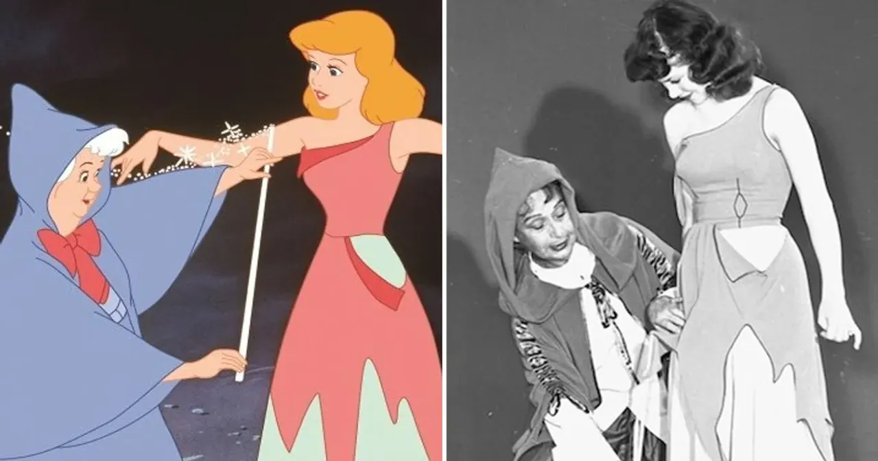 A scene from the Cinderella cartoon compared to the live-action actors it was based on.