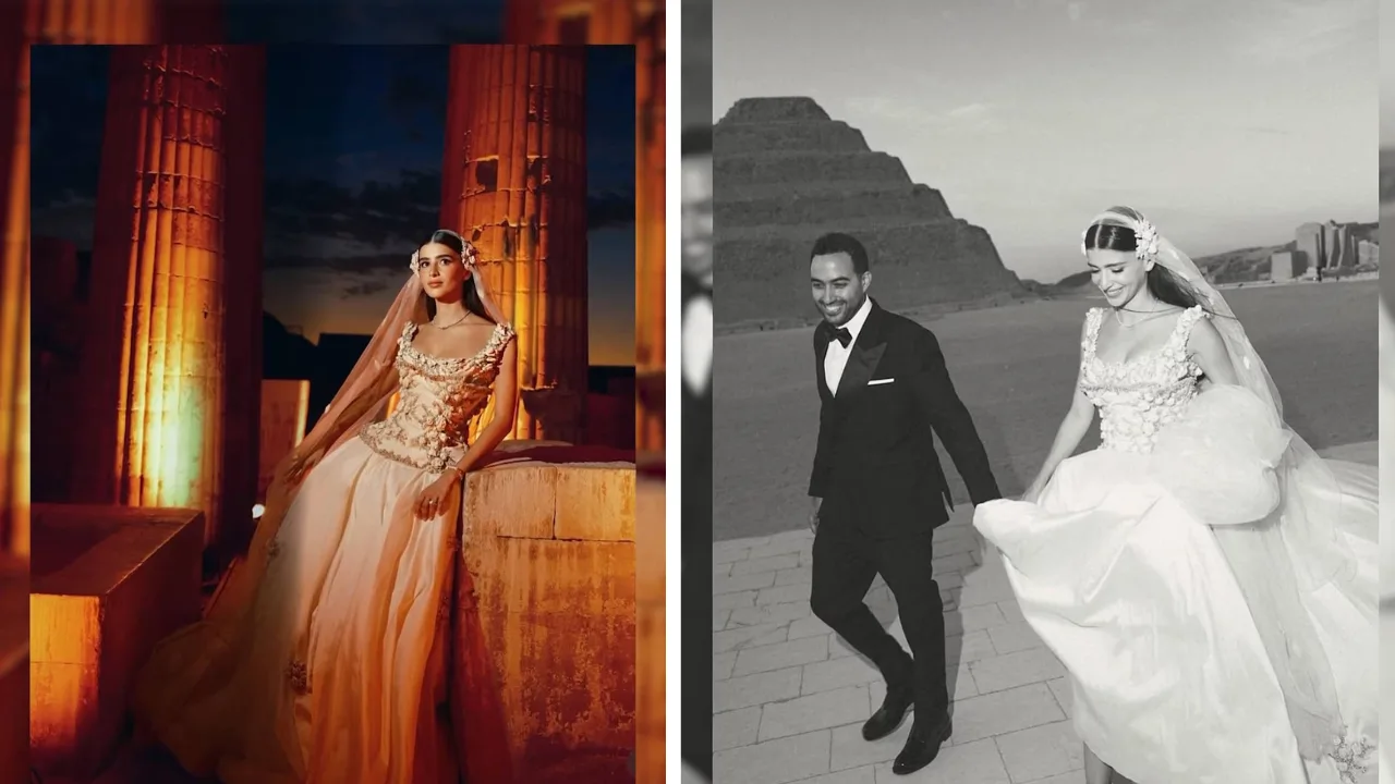 Mariage insolite devant les pyramides d'Égypte : la mariée porte la robe de sa mère vieille de 30 ans