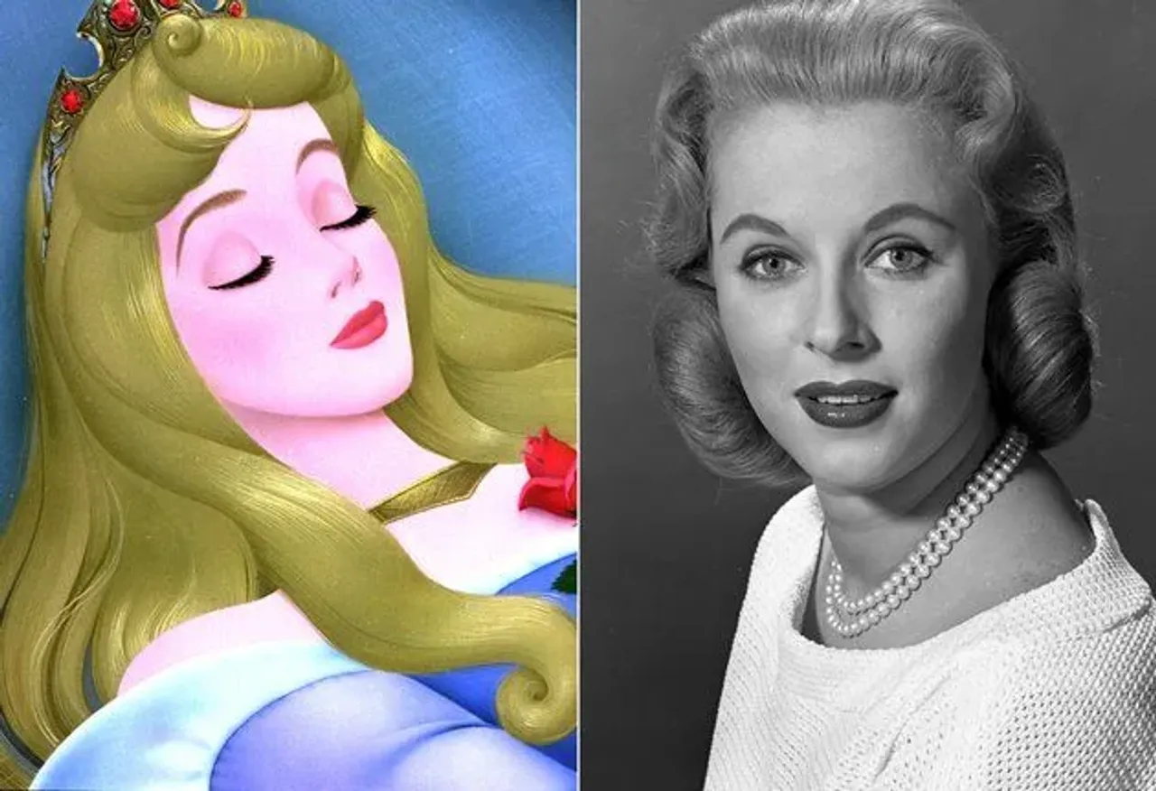 A side-by-side photo of the Sleeping Beauty cartoon character and the actress who brought her to life.