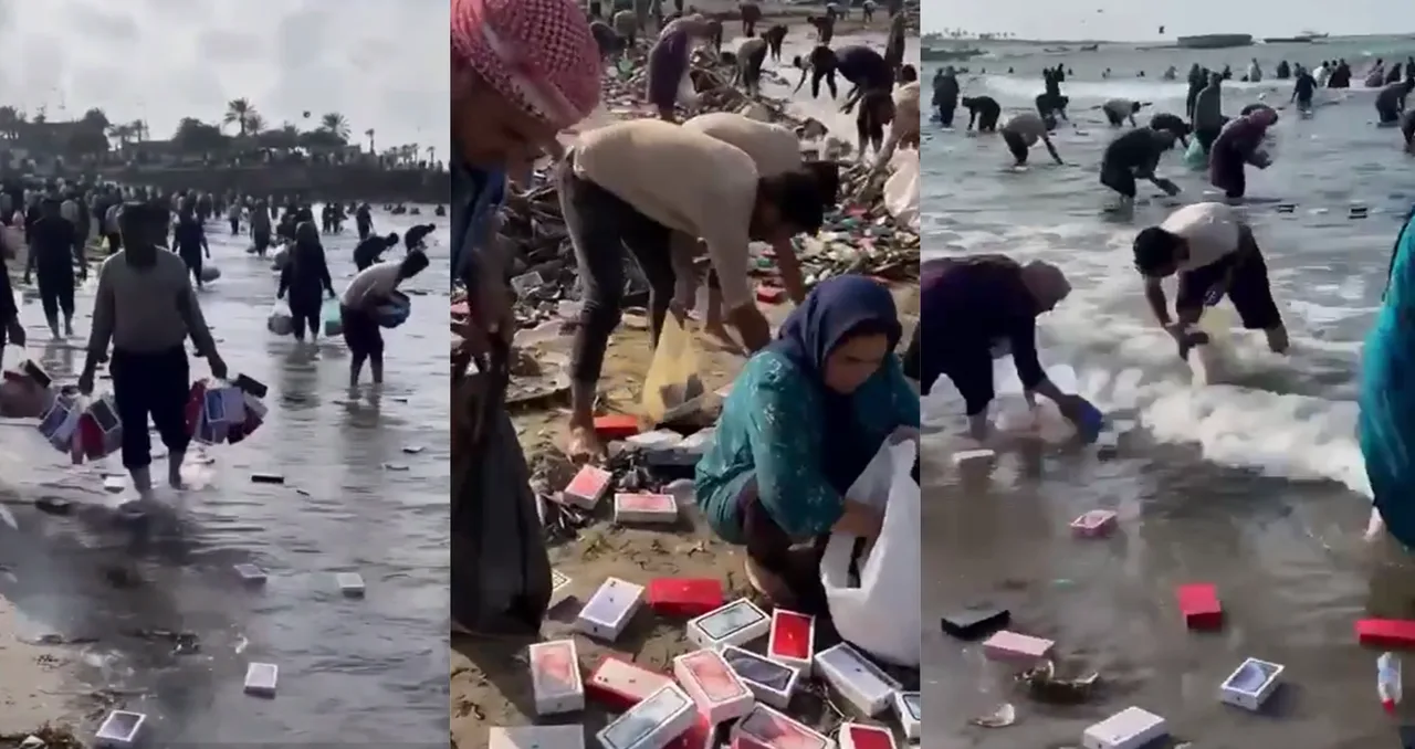 Hürmüz'de batan geminin ardından: Sahilde çuvallarla iPhone toplayan insanların videosu