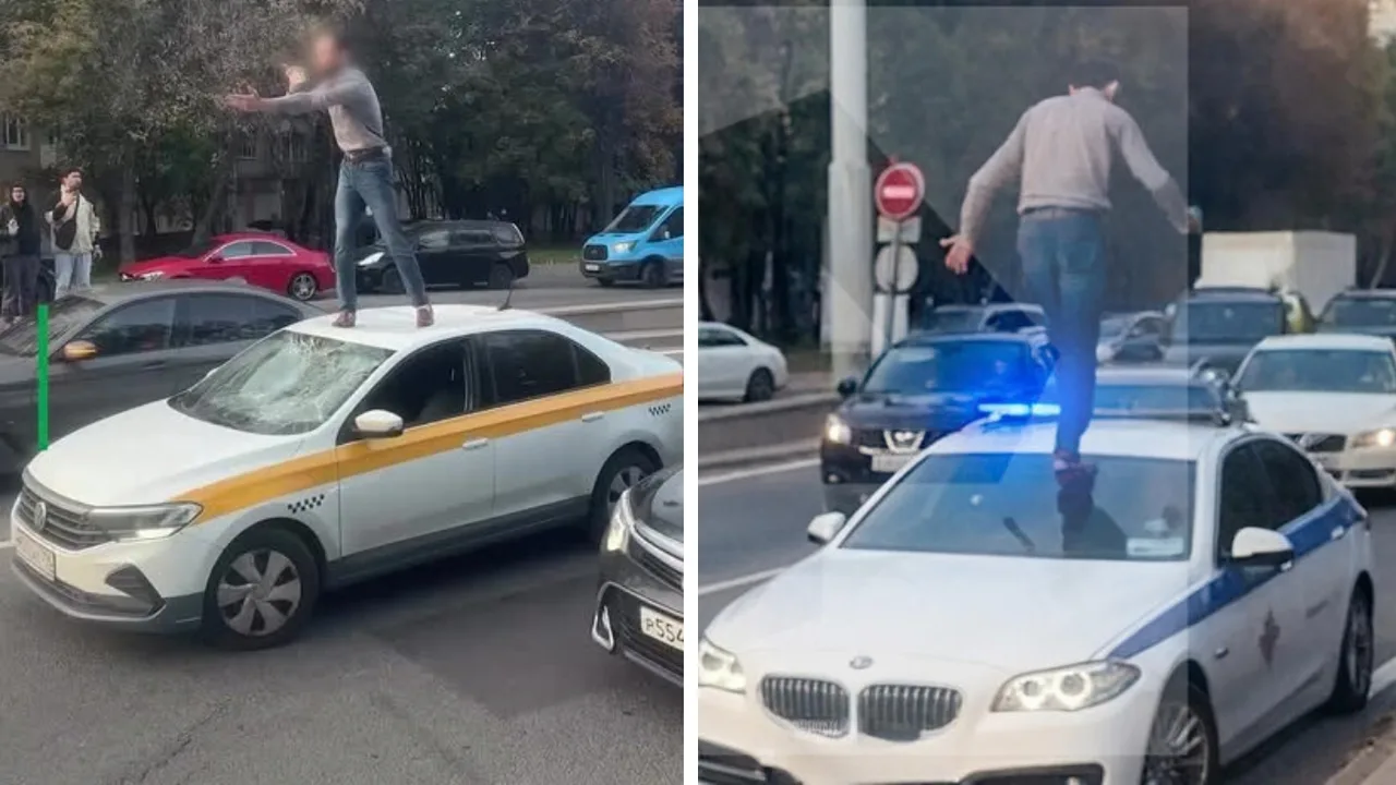 Moskvada erkak taksi va politsiya mashinalari ustiga sakradi (video)