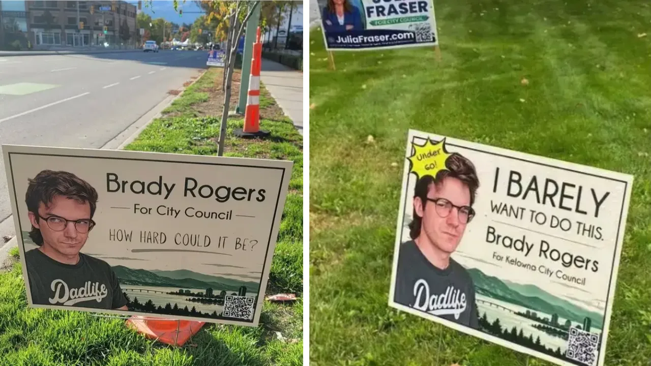 Yo‘l chetida va maysazorda Brady Rogersning hajviy saylovoldi reklamalari turibdi.