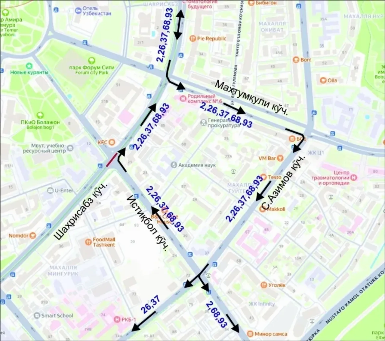 A map showing bus routes along the streets in Tashkent.