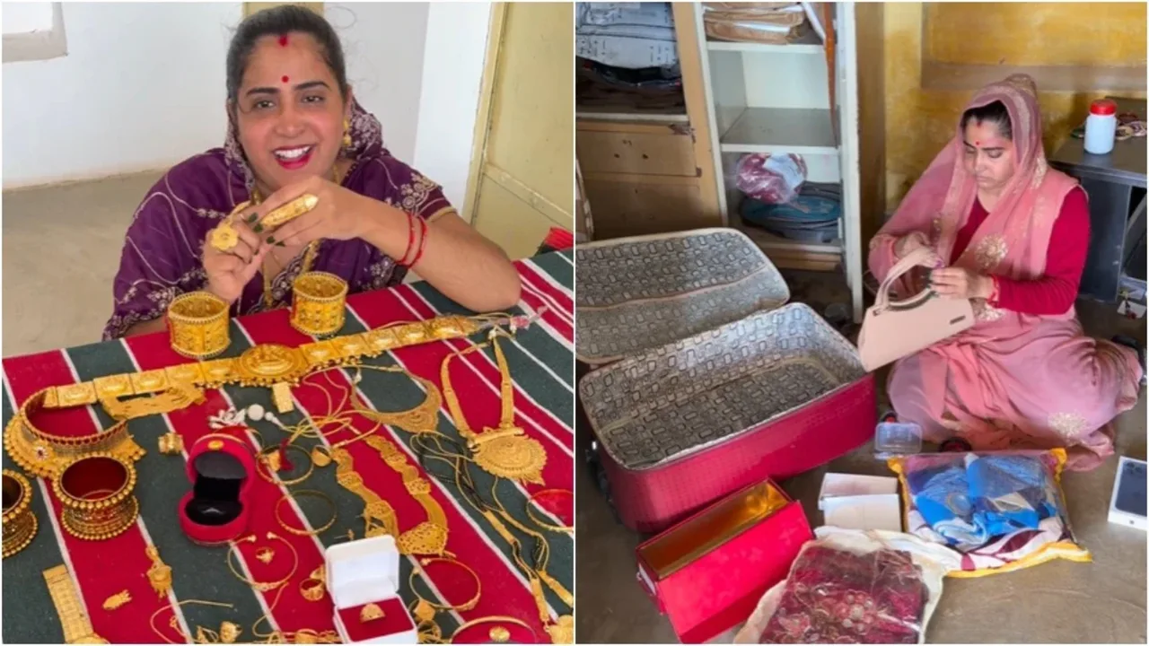 The woman shows off her gold jewelry and packs her things into a suitcase.